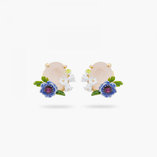 ROSE QUARTZ AND FLORAL COMPOSITION POST EARRINGS