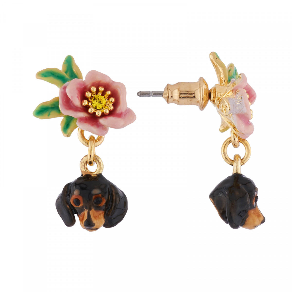 EARRINGS WITH DACHSHUND'S HEAD AND SMALL FLOWER